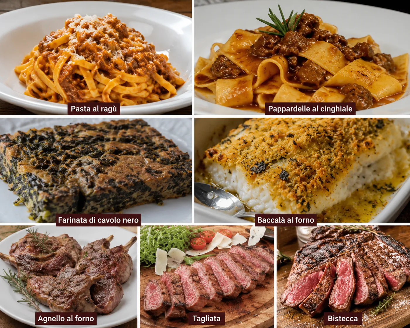 I piatti tipici dell'Agriturismo Da Cicione: pasta al ragù, pappardelle al cinghiale, farinata di cavolo nero, baccalà al forno, agnello, tagliata e bistecca
