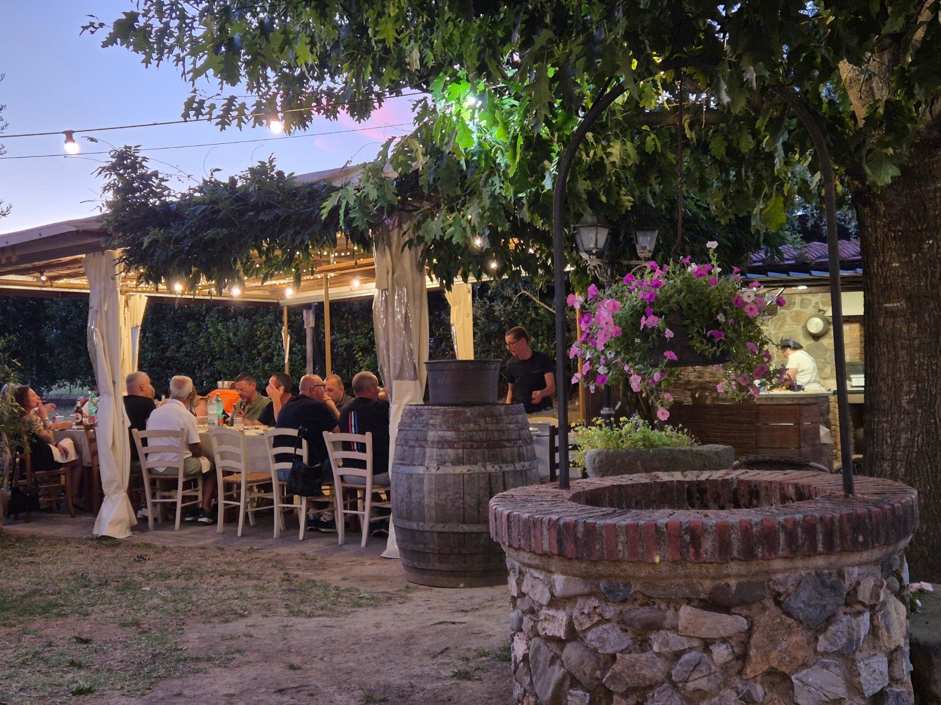 Cena sotto il pergolato al tramonto